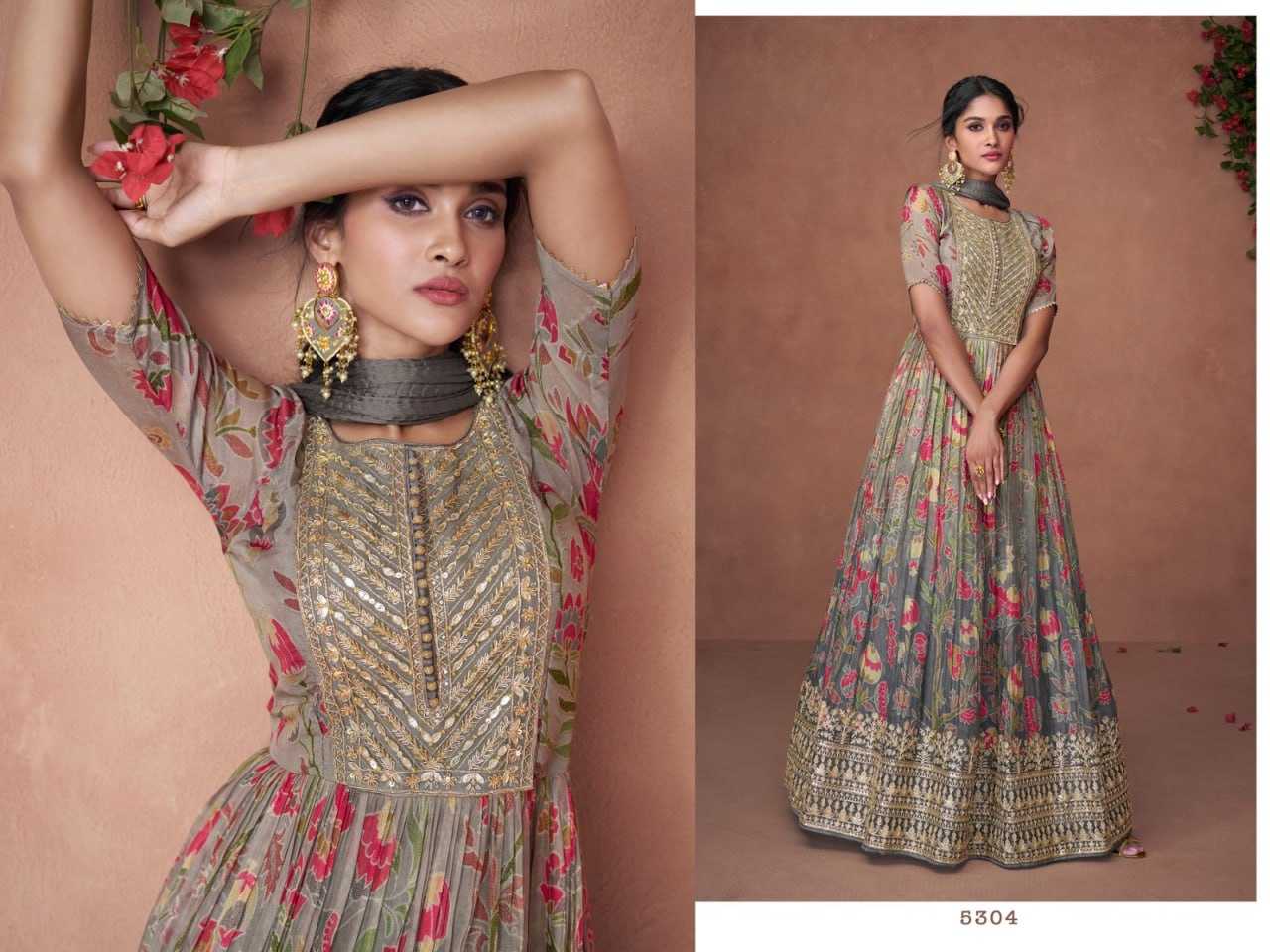 Ynf Organic Silk KESH504 5304 Gowns Wholesale Embroidery Gowns Long Gowns Floral Print Gowns Manufacturer