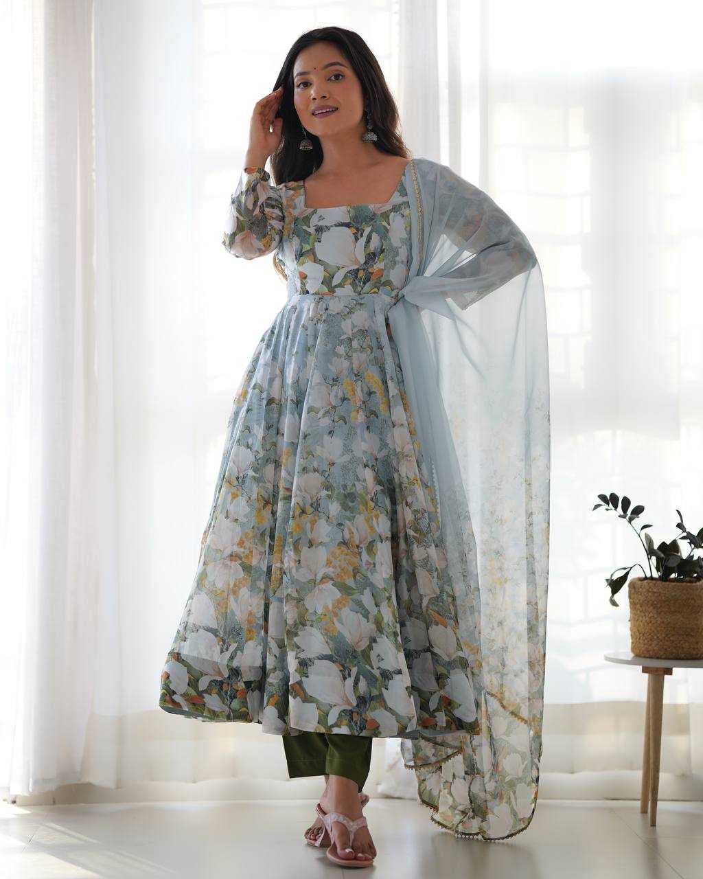 Ynf Organza KESH504 57 Gowns Wholesale Printed Gowns Anarkali Gown Floral Print Gowns Manufacturer