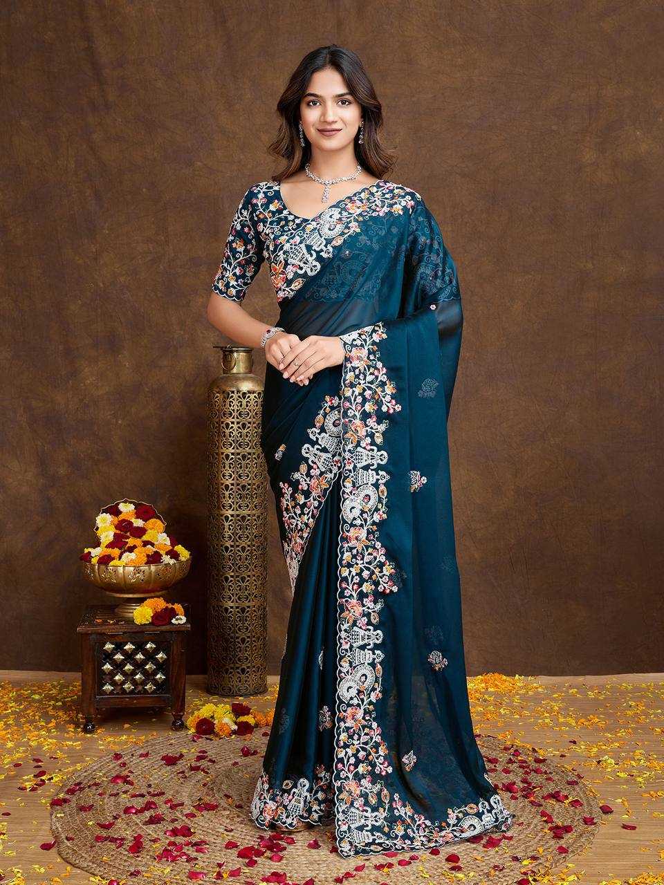 Ynf Rangoli Silk RIN188 Swastik Sarees Wholesale Party Wear Sarees Fancy Sarees Embroidered Sarees Lace Border Sarees Manufacturer