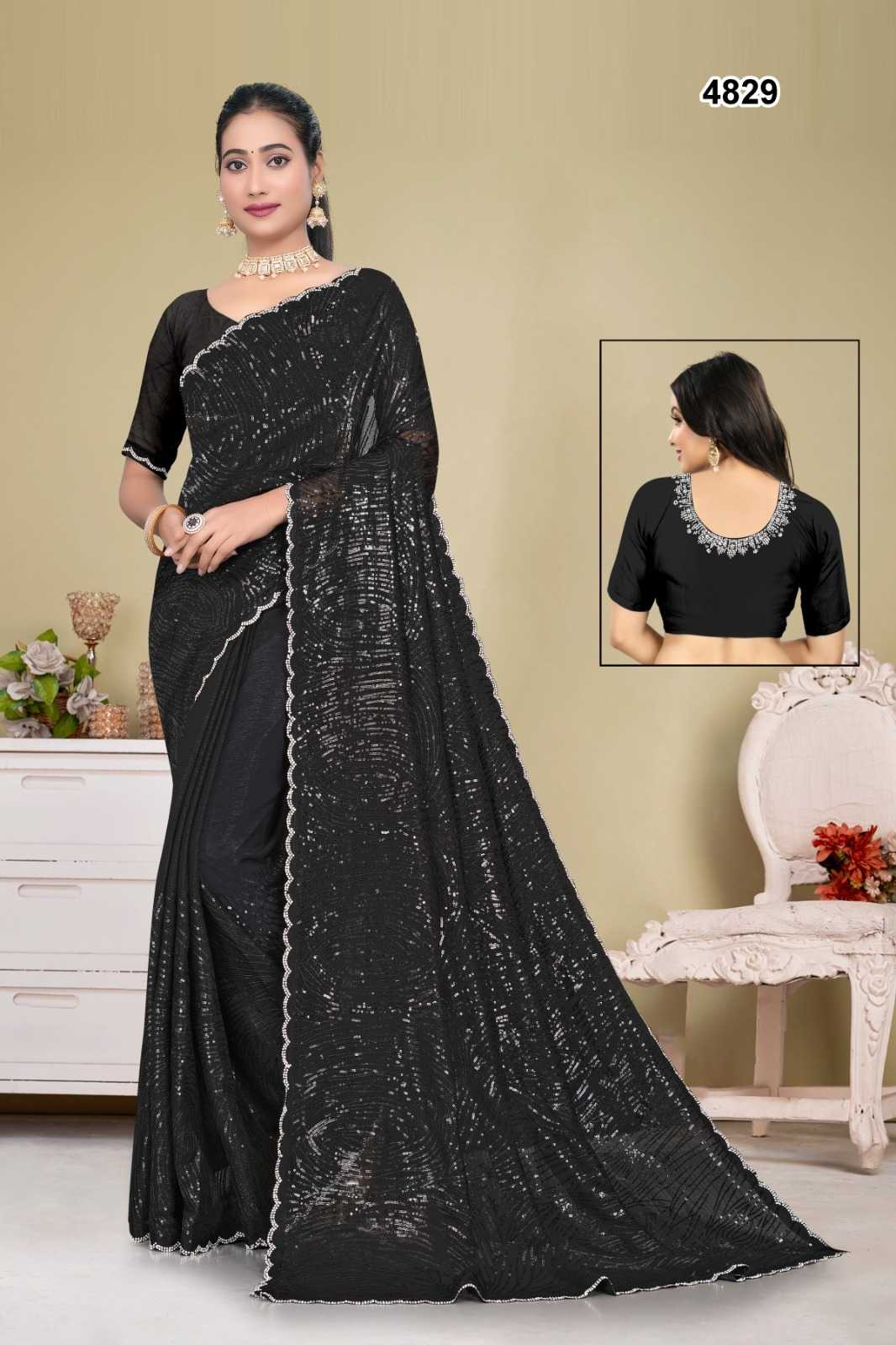 Ynf Chiffon KESH114 4829 Sarees Wholesale Embroidered Sarees Stone Work Saree Black Sarees Manufacturer