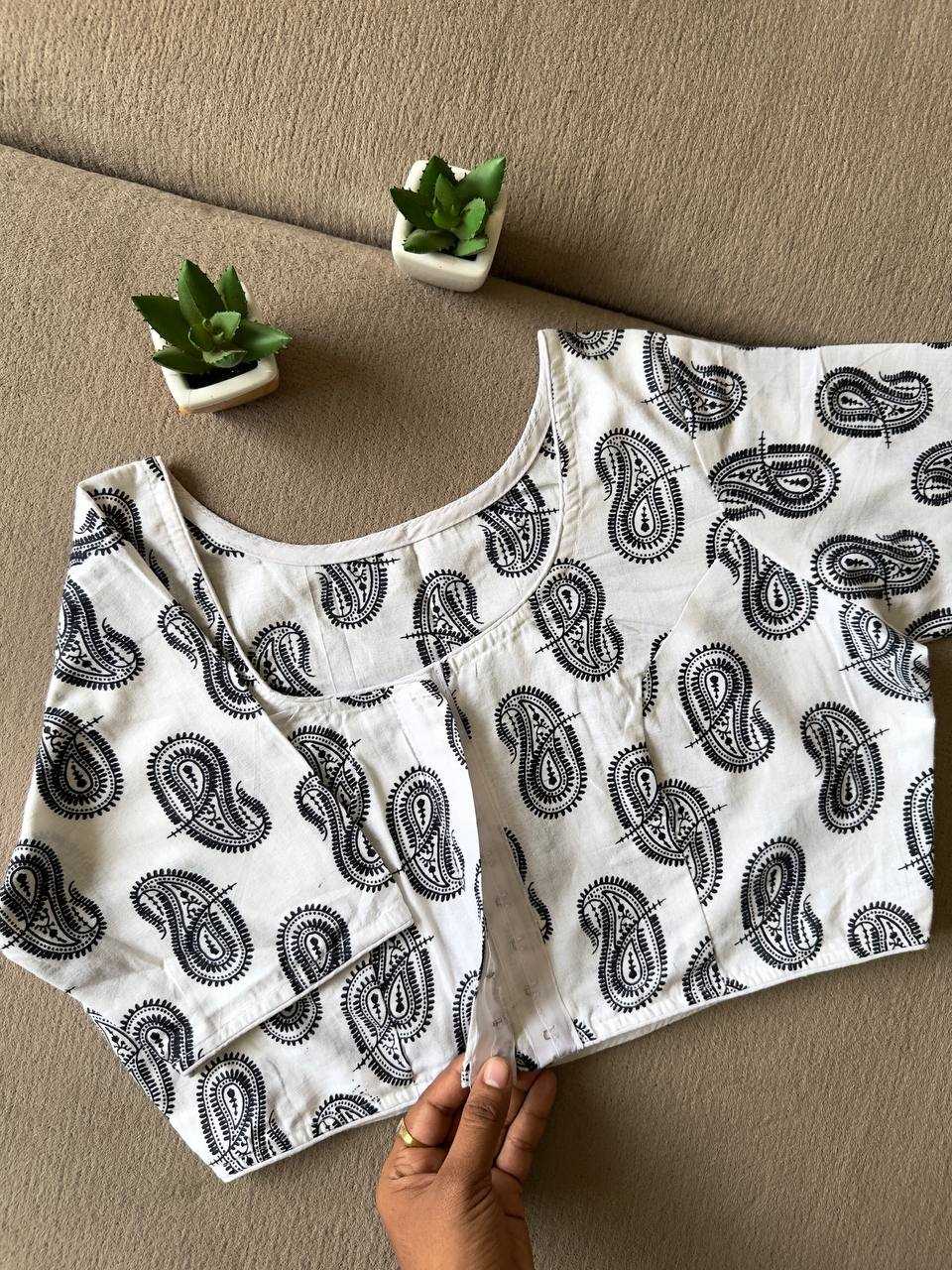 Ynf Cotton KESH437 Ajrakh-Black N White Readymade Blouses Festive Collections Wholesale Blouse Designer Blouse Onam Collections Manufacturer