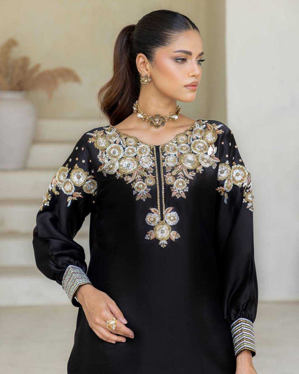 Ynf Crepe Silk RIN141 1978 Suits & Dresses Wholesale Embroidery Suits Palazzo Suit Black Salwar Suit Manufacturer