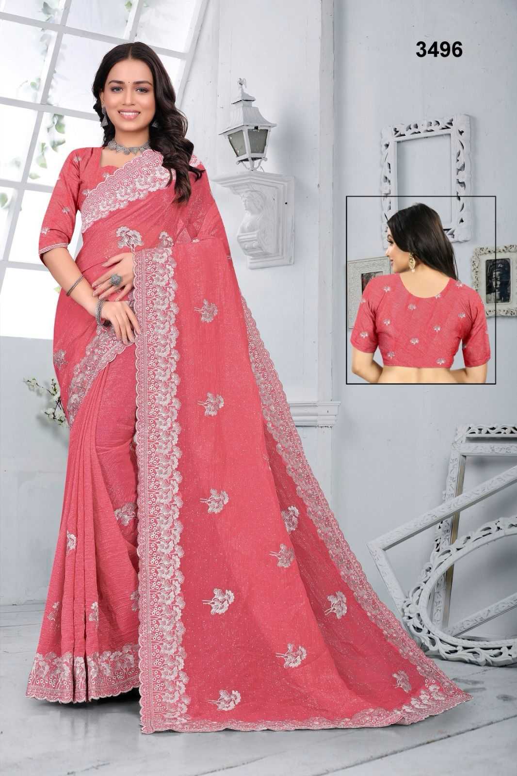 Ynf Crunchi KESH114 3496 Sarees Wholesale Embroidered Sarees Stone Work Saree Zari Border Sarees Manufacturer