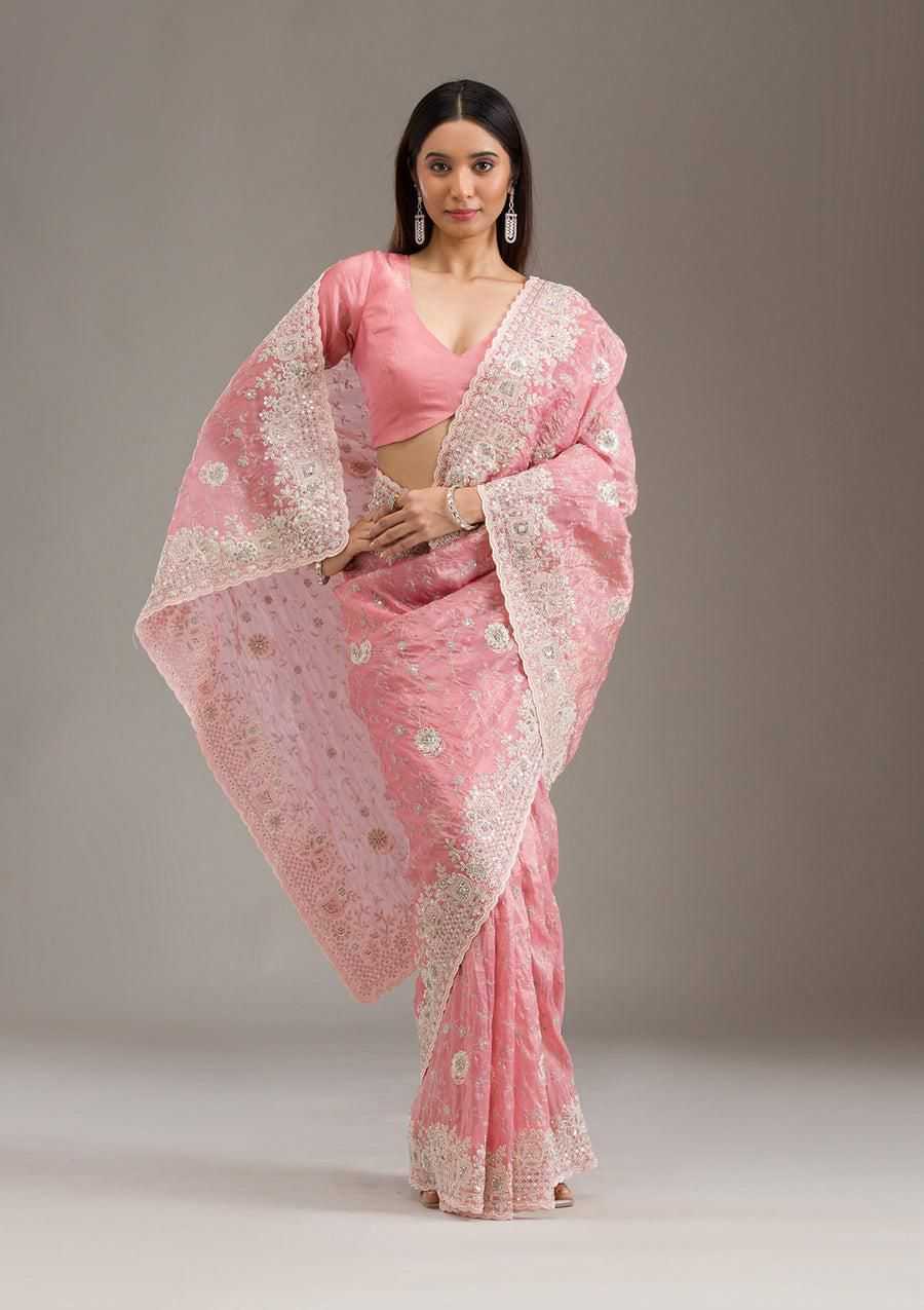 Ynf Crunchi RIN164 Gold crunch Sarees Wholesale Sequence Sarees Embroidered Sarees Pink Sarees Manufacturer