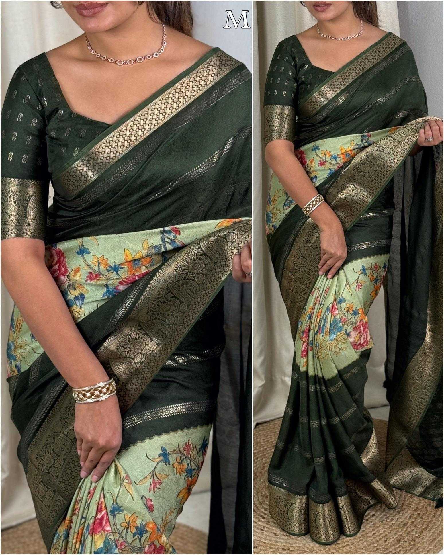 Ynf Dull Moss KESH500 Chaitanya Sarees Wholesale Printed Sarees Jacquard Saree Zari Border Sarees Manufacturer