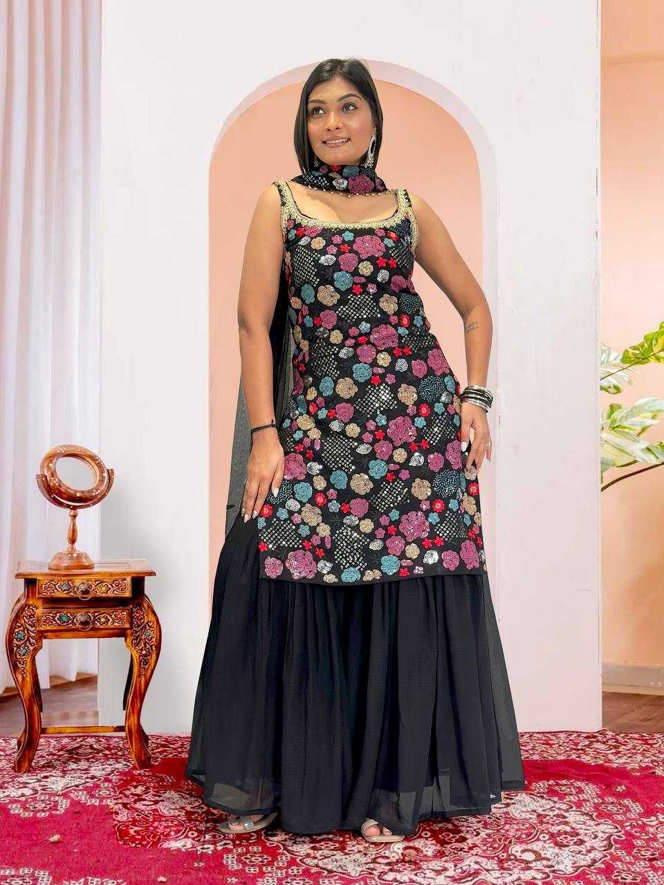 Ynf Faux Georgette KESH159 614 Suits & Dresses Wedding Collections Festive Collections Wholesale Sharara Salwar Suits Embroidered Suits Sleeveless Dresses Manufacturer