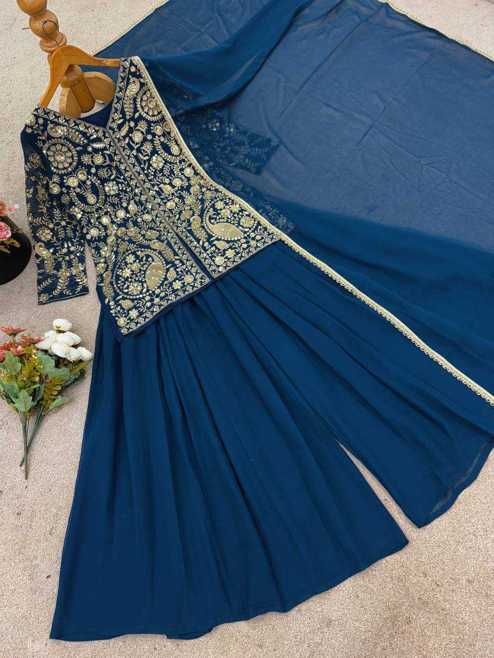 Ynf Faux Georgette KESH499 013 Suits & Dresses Wedding Collections Festive Collections Wholesale Embroidery Suits Palazzo Suit Georgette Suit Manufacturer