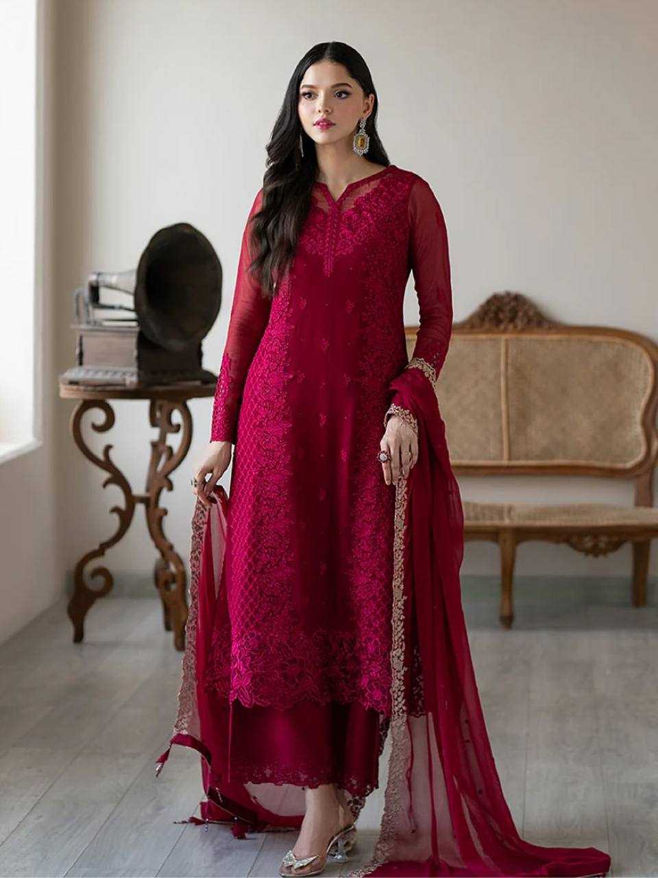 Ynf Faux Georgette KESH499 866 Suits & Dresses Wedding Collections Festive Collections Wholesale Embroidery Suits Palazzo Suit Georgette Suit Manufacturer
