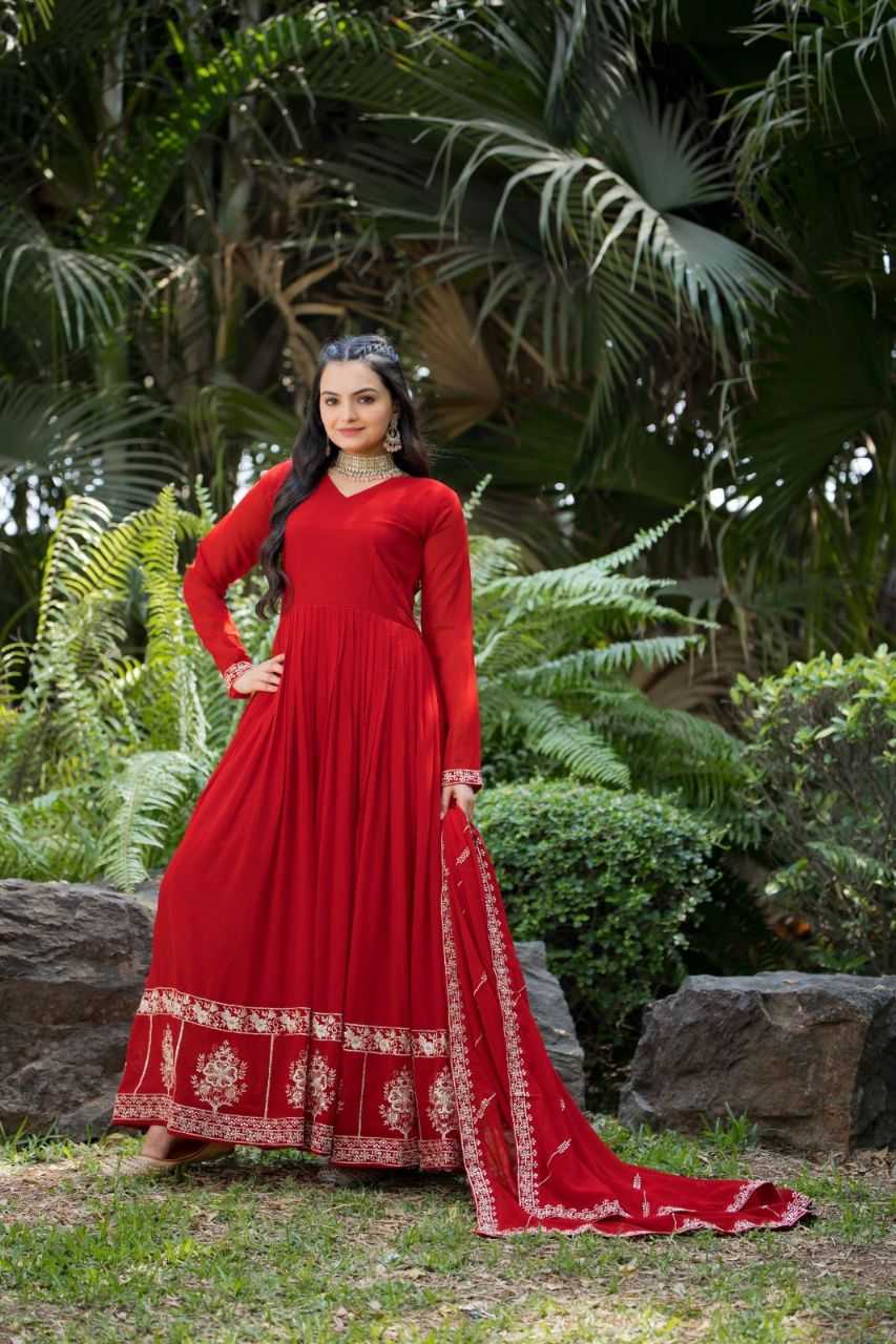 Ynf Faux Georgette KESH507 1022 Gowns Wedding Collections Festive Collections Wholesale Embroidery Gowns Georgette Gown Red Gown Manufacturer