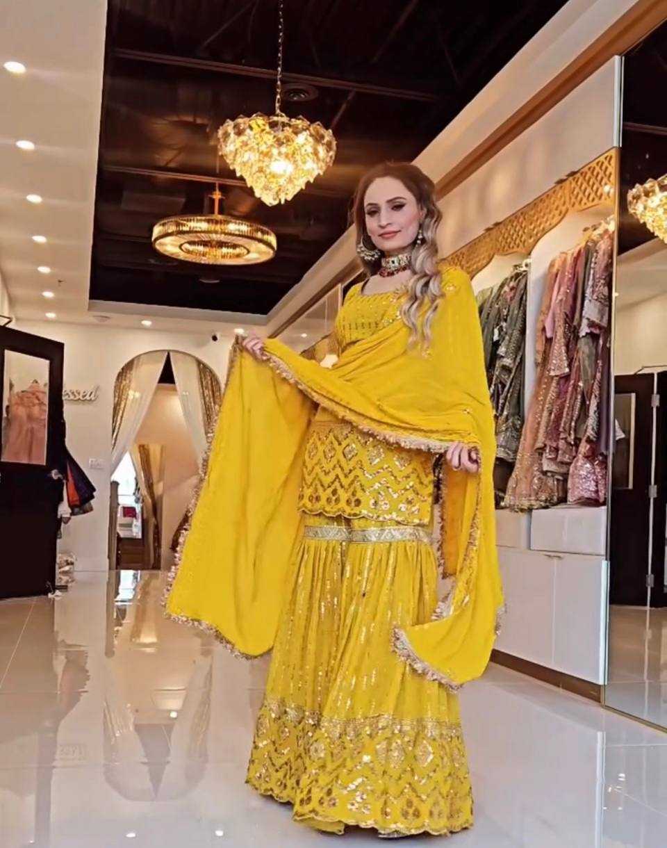 Ynf Faux Georgette KESH523 277 Suits & Dresses Wedding Collections Festive Collections Wholesale Sharara Salwar Suits Georgette Suit Haldi Outfits Manufacturer