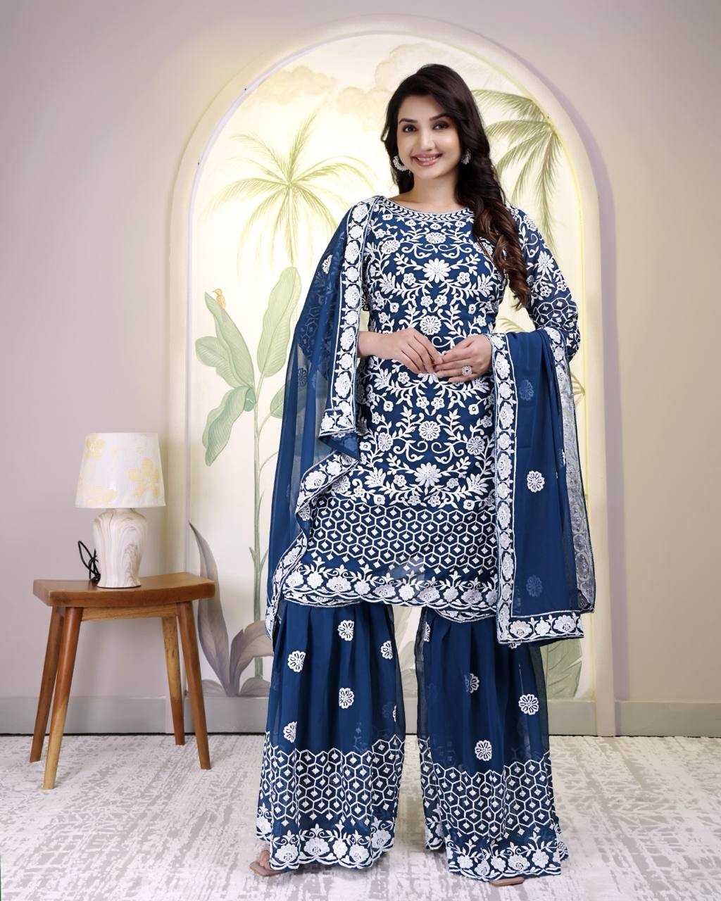 Ynf Faux Georgette KESH540 Blue Cotton Daga Work& Rivet Moti Kurti Wholesale Kurti Bottom With Dupatta Manufacturer