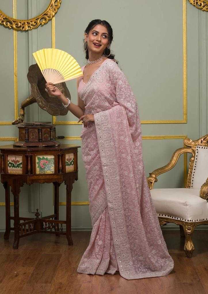 Ynf Faux Georgette RIN164 PINK ERA Sarees Wedding Collections Festive Collections Wholesale Georgette Sarees Sequence Sarees Embroidered Sarees Manufacturer