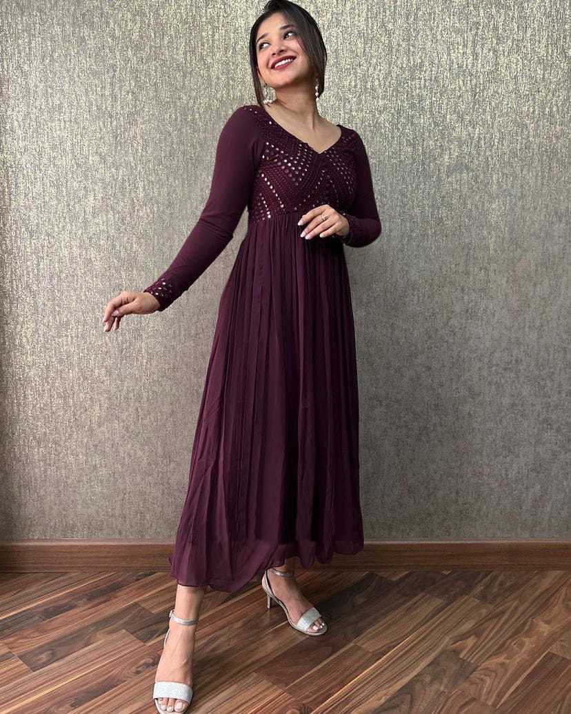 Ynf Faux Georgette RIN222 LEMON Gowns Wholesale Embroidery Gowns Georgette Gown Designer Gowns Manufacturer