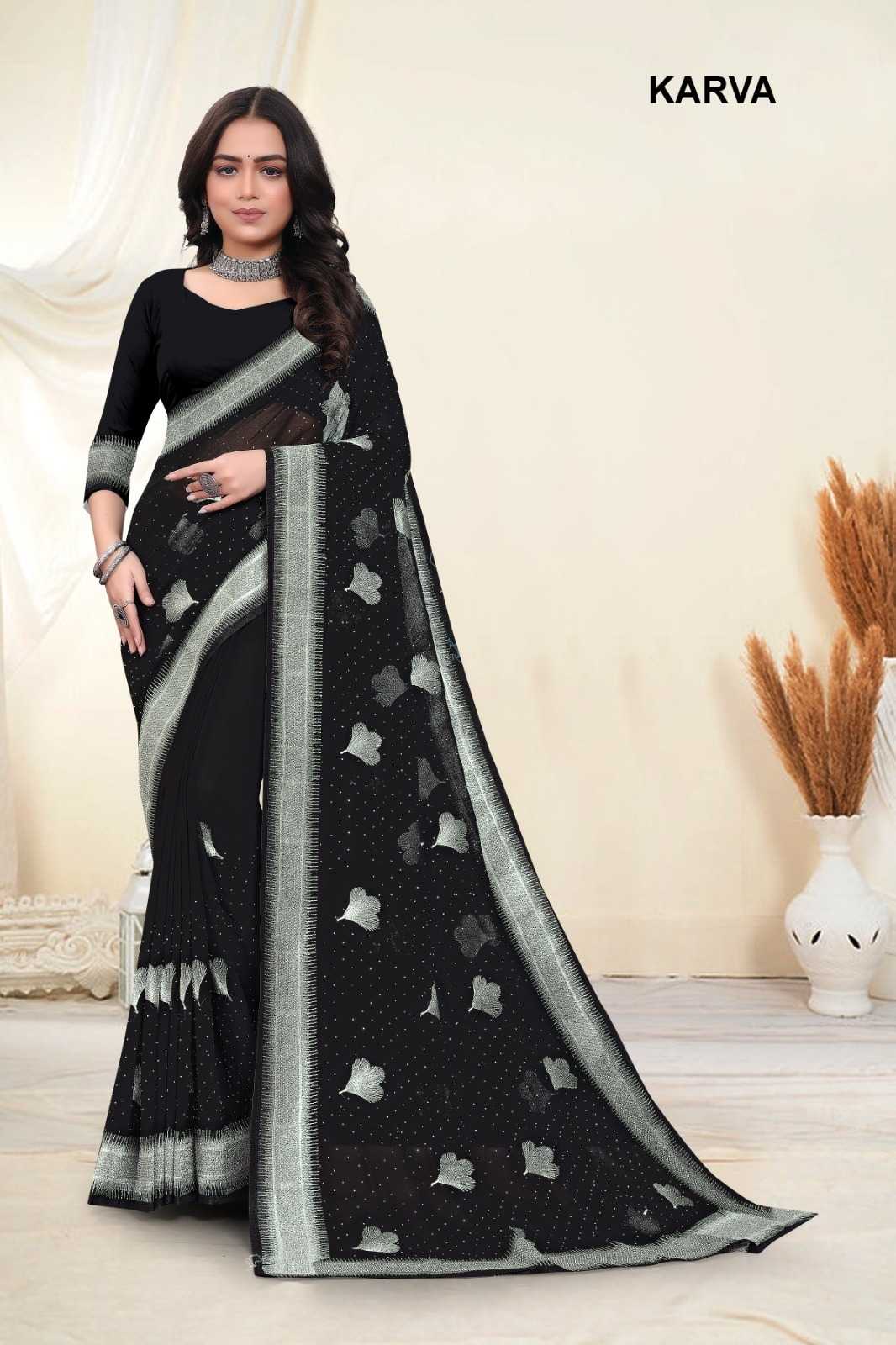 Ynf Georgette KESH114 KARVA Sarees Wholesale Georgette Sarees Embroidered Sarees Swarovski Sarees Manufacturer