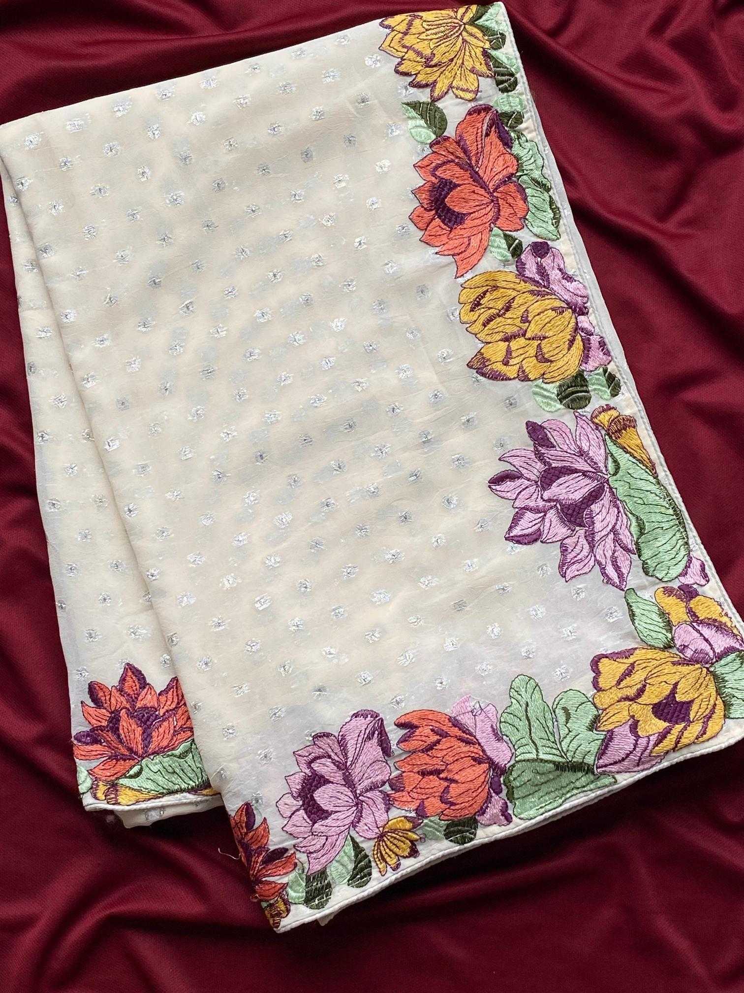 Ynf Georgette KESH249 Arti Sarees Festive Collections Wholesale Georgette Sarees White Sarees Onam Collections Manufacturer