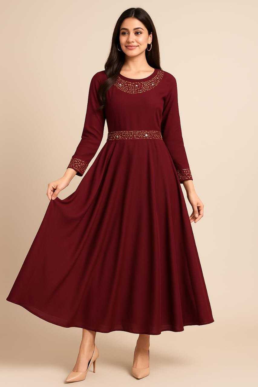 Ynf Georgette KESH517 A3 Gowns Western Wears Festive Collections Wholesale Georgette Gown Full Sleeve Gowns Gown With Belt Manufacturer