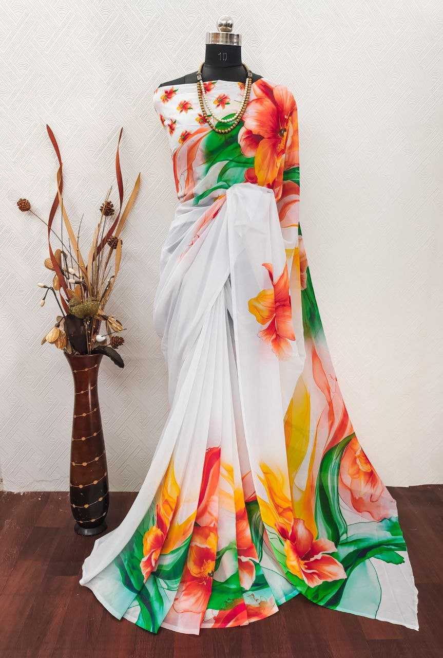 Ynf Georgette KESH518 4407 Sarees Wholesale Georgette Sarees White Sarees Printed Georgette Saree Manufacturer