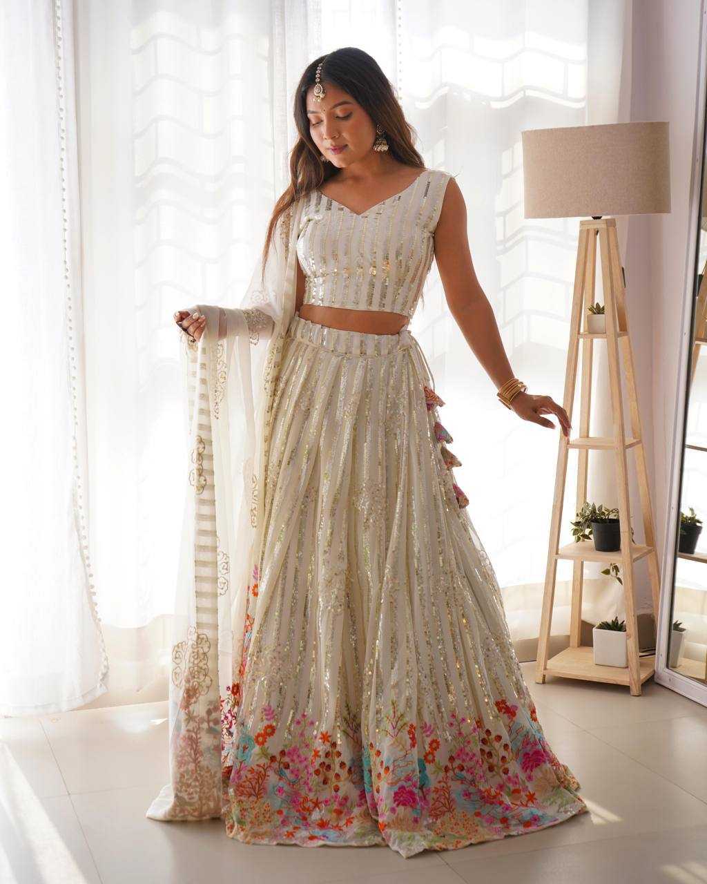 Ynf Georgette RIN133 33 Lehengas Wholesale Fancy Lehenga Sequins Lehenga White Lehenga Manufacturer
