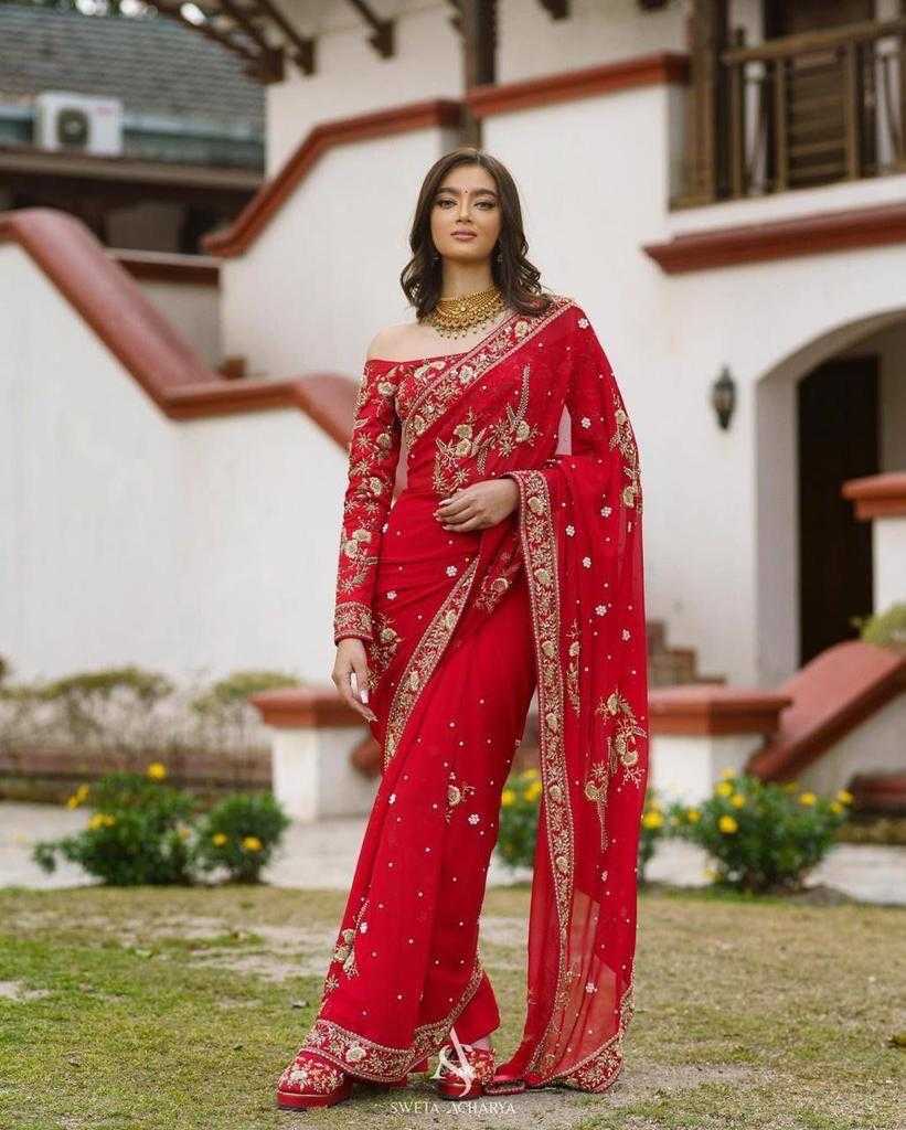 Ynf Georgette RIN134 0197 Sarees Wedding Collections Wholesale Georgette Sarees Embroidered Sarees Red Sarees Manufacturer