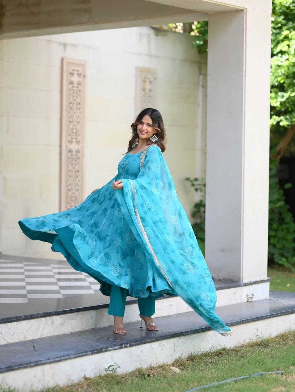 Ynf Georgette RIN157 192 Gowns Plus Size Collections Wholesale Georgette Gown Designer Gowns Blue Gown Manufacturer