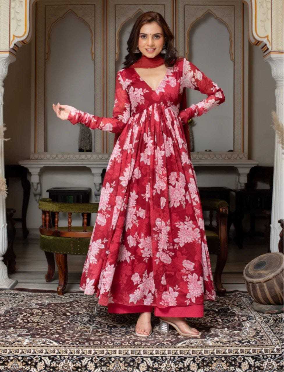 Ynf Georgette RIN157 203 Gowns Plus Size Collections Wholesale Printed Gowns Georgette Gown Maroon Gown Manufacturer