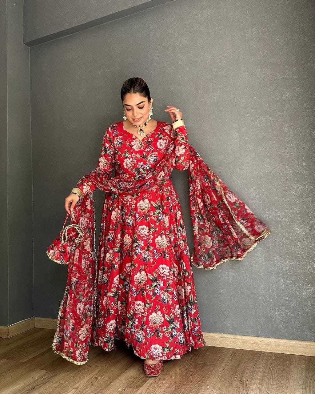 Ynf Georgette RIN157 212 Gowns Plus Size Collections Wholesale Printed Gowns Georgette Gown Red Gown Manufacturer