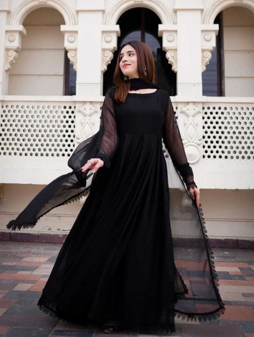 Ynf Georgette RIN157 2154 Gowns Plus Size Collections Wholesale Georgette Gown Gown With Dupatta Black Gown Manufacturer