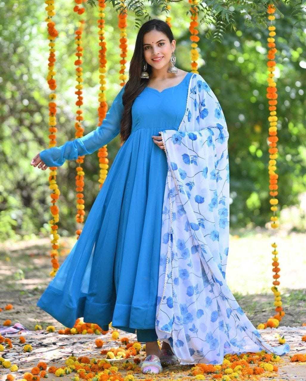 Ynf Georgette RIN157 219 Gowns Plus Size Collections Wholesale Party Gowns Georgette Gown Blue Gown Manufacturer