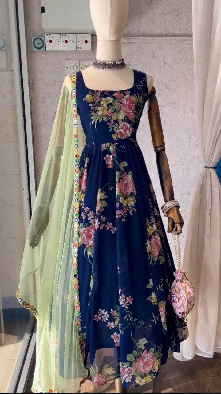 Ynf Georgette RIN157 221 Gowns Plus Size Collections Wholesale Party Gowns Georgette Gown Blue Gown Manufacturer