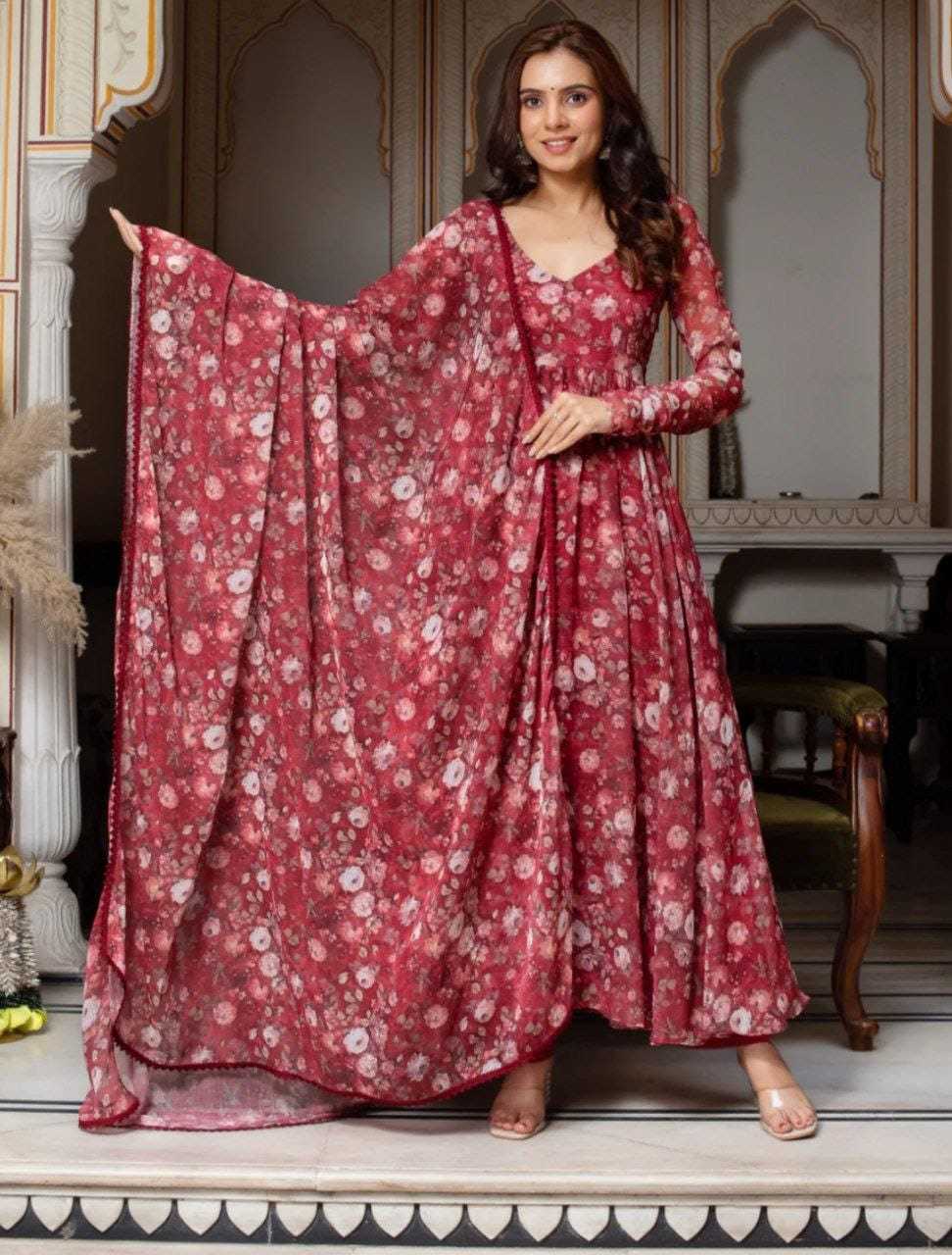 Ynf Georgette RIN157 226 Gowns Plus Size Collections Wholesale Printed Gowns Georgette Gown Maroon Gown Manufacturer