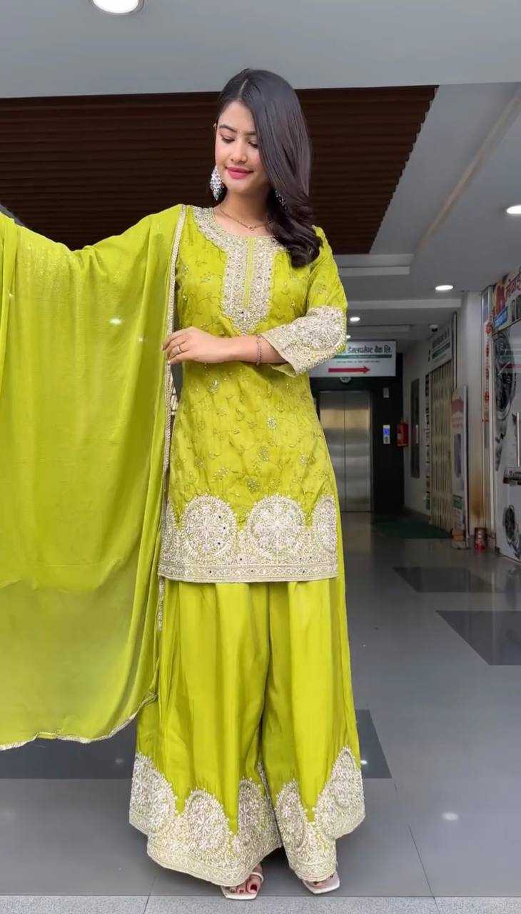Ynf Heavy Chinnon Silk KESH523 263 Suits & Dresses Wedding Collections Festive Collections Wholesale Palazzo Suit Ladies Silk Suit Embroidered Suits Manufacturer