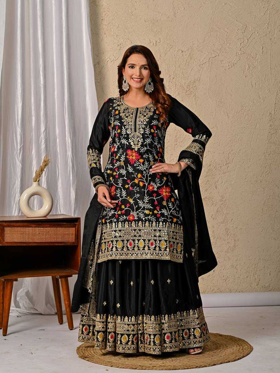 Ynf Heavy Chinnon Silk KESH528 472 Suits & Dresses Wedding Collections Festive Collections Wholesale Sharara Salwar Suits Embroidered Suits Black Salwar Suit Manufacturer