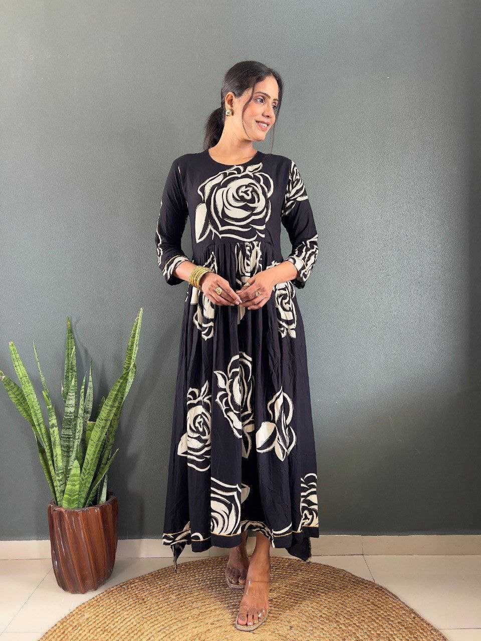 Ynf Rayon KESH554 Black Gowns Wholesale Fancy Gowns Designer Gowns Floral Print Gowns Manufacturer