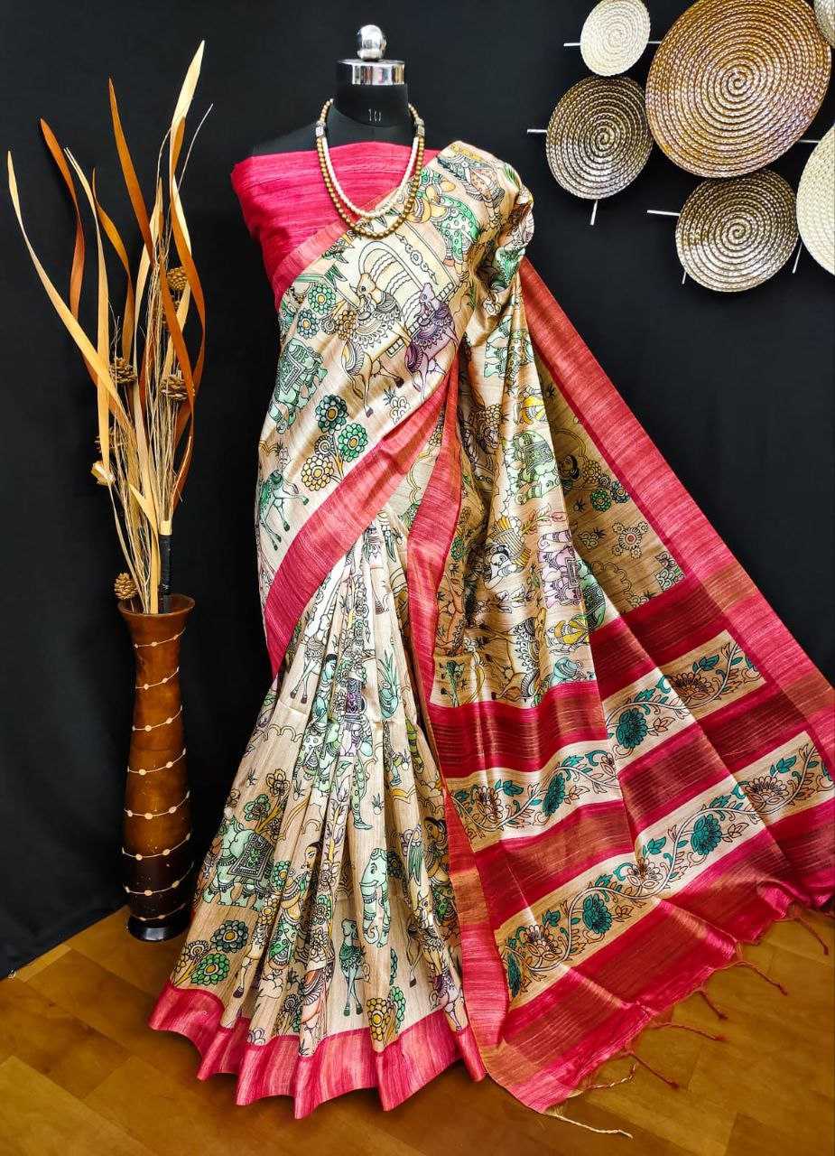 Ynf Tussar Silk KESH532 SAKHI ELEPHANT Silk Sarees Wholesale Tussar Silk Sarees Printed Silk Saree Kalamkari Silk Sarees Manufacturer