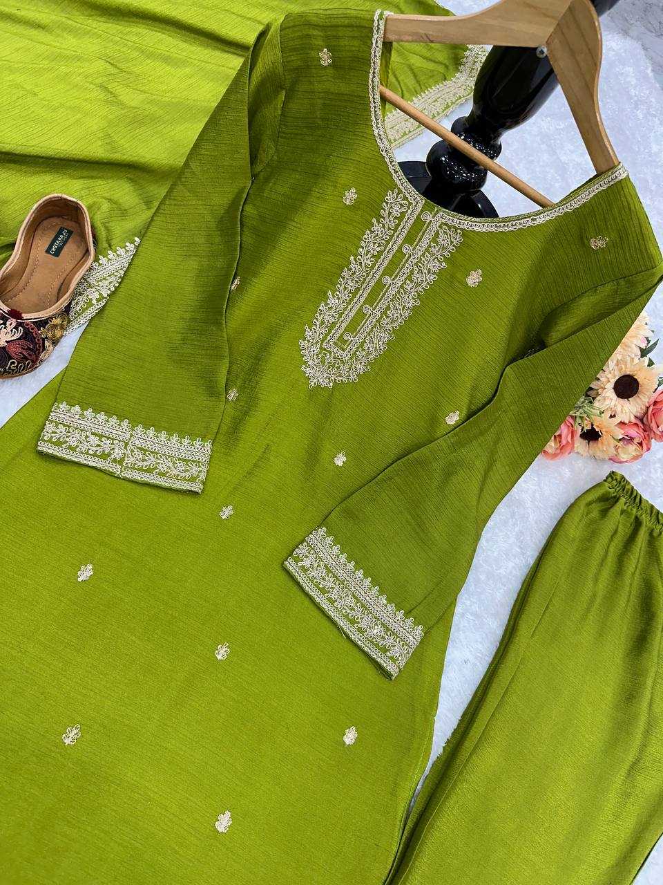 YNF CHINON SILK KESH148 034 SUITS & DRESSES WHOLESALE EMBROIDERY LADIES PALAZZO LADIES SILK SUITS MANUFACTURER
