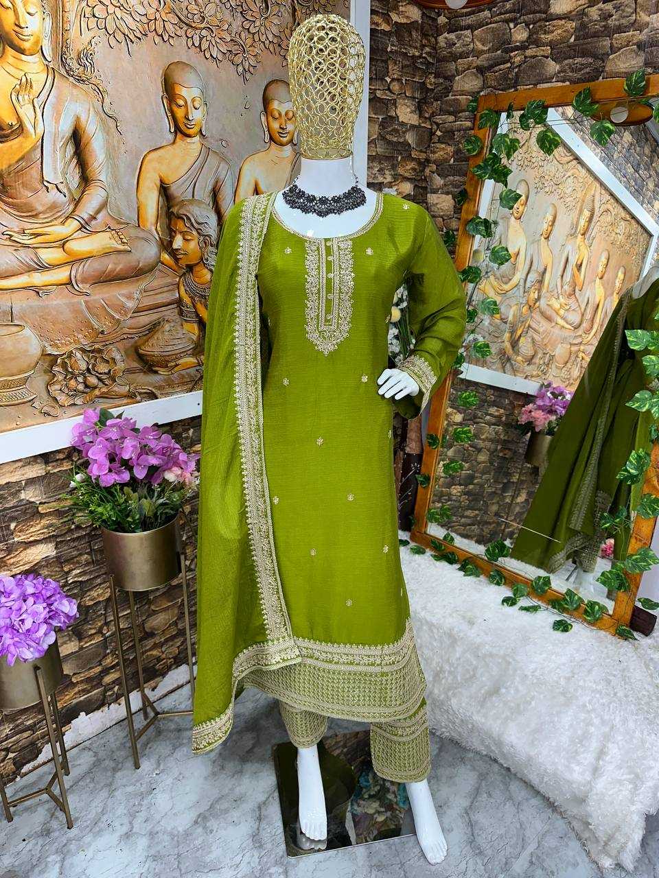 YNF CHINON SILK KESH148 034 SUITS & DRESSES WHOLESALE EMBROIDERY LADIES PALAZZO LADIES SILK SUITS MANUFACTURER