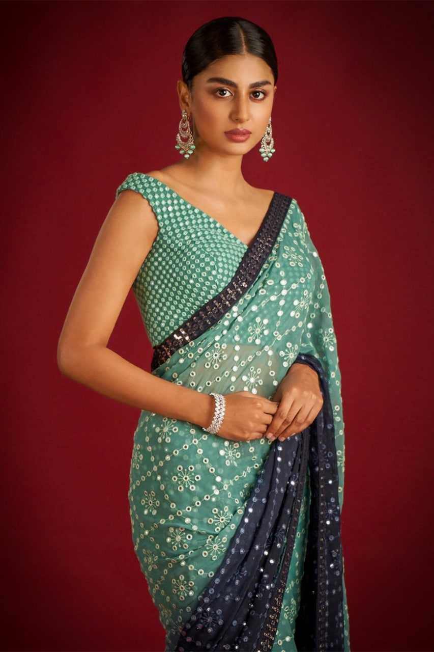 YNF FAUX GEORGETTE RIN131 140 SAREES WHOLESALE GEORGETTE SEQUENCE HALF WORK EMBROIDERED SAREES MANUFACTURER