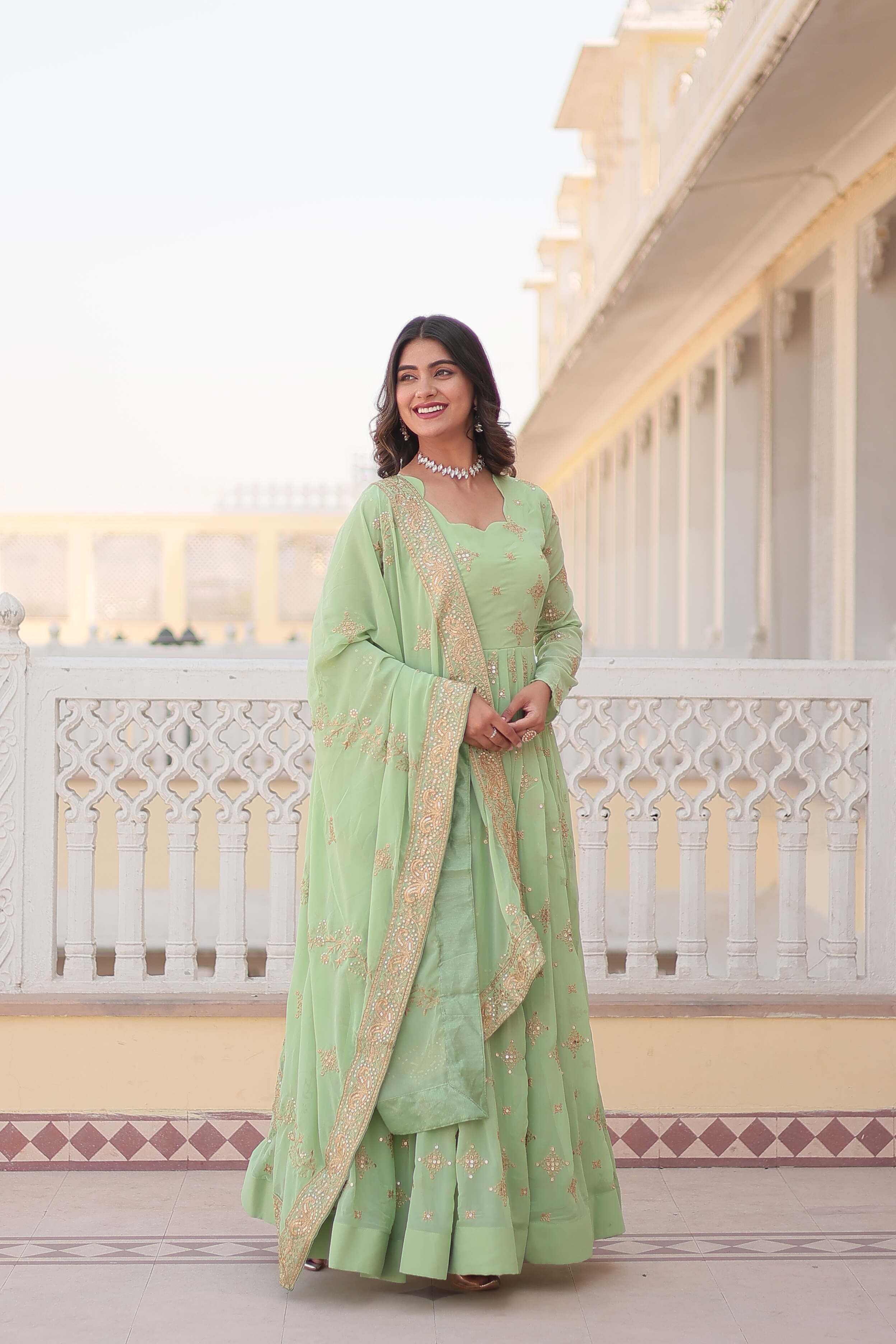 Ynf Faux Georgette KESH215 KA-1102 Gowns Wholesale Embroidery Gowns Georgette Gown Sequin Gowns Manufacturer