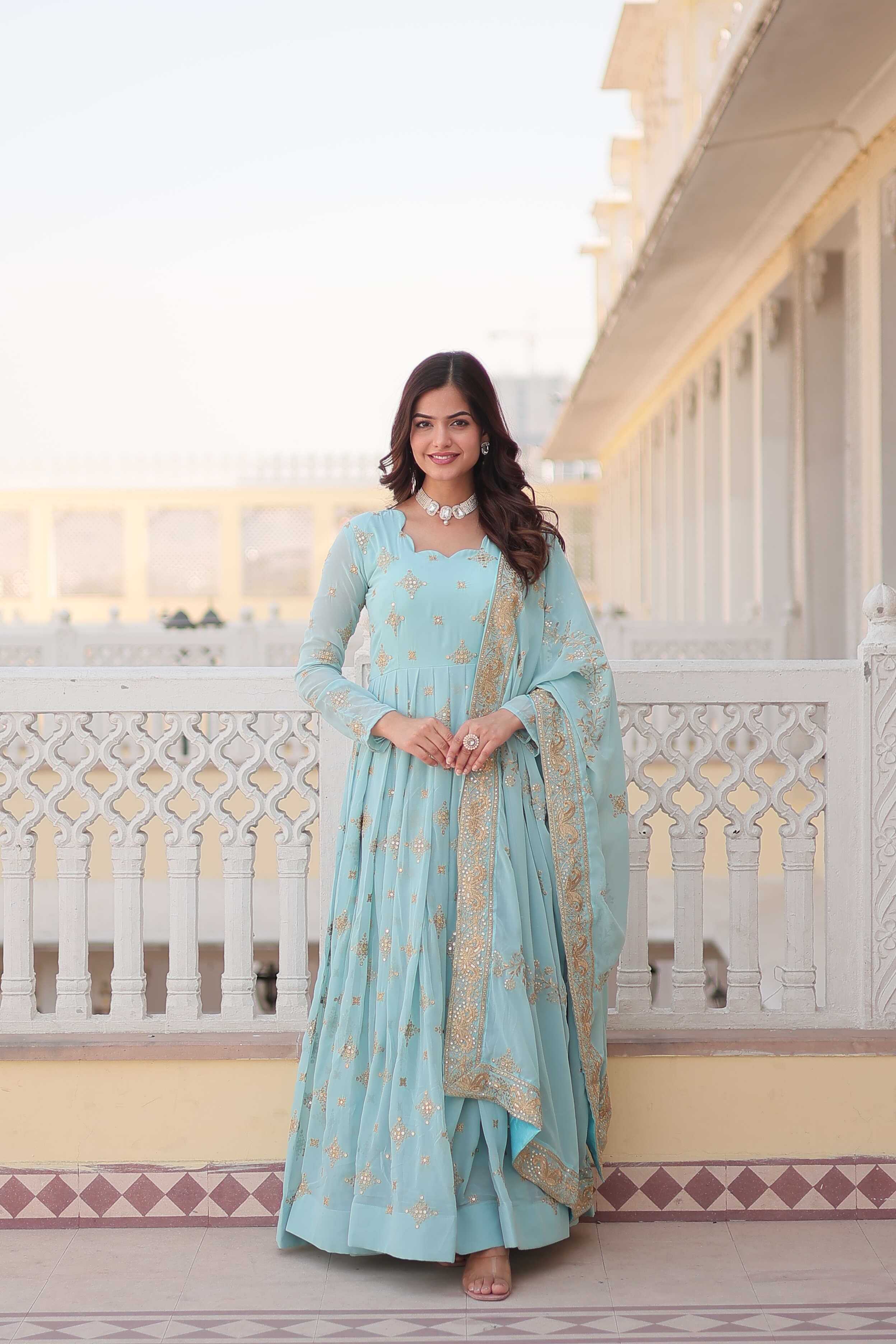 Ynf Faux Georgette KESH215 KA-1102 Gowns Wholesale Embroidery Gowns Georgette Gown Sequin Gowns Manufacturer