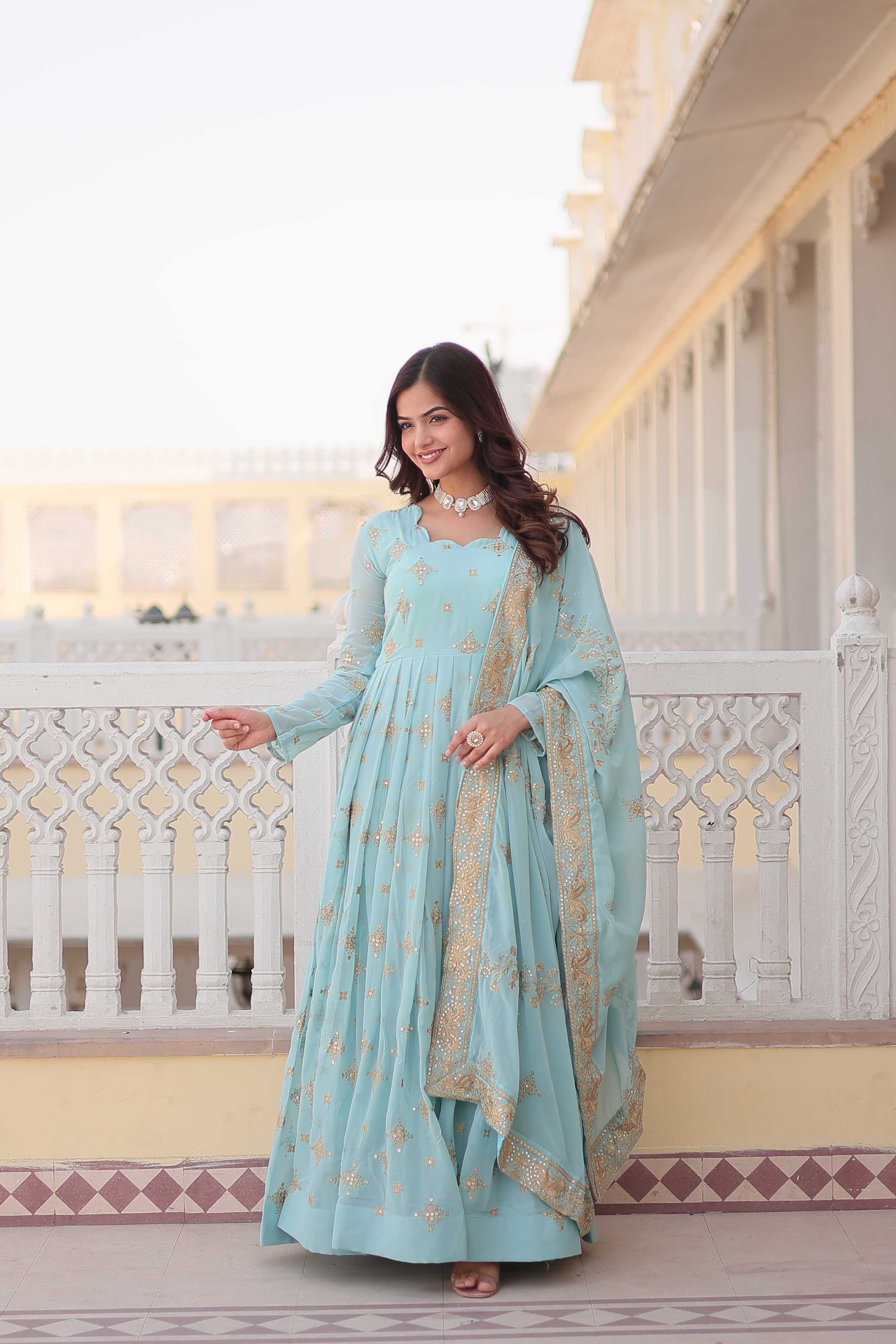 Ynf Faux Georgette KESH215 KA-1102 Gowns Wholesale Embroidery Gowns Georgette Gown Sequin Gowns Manufacturer