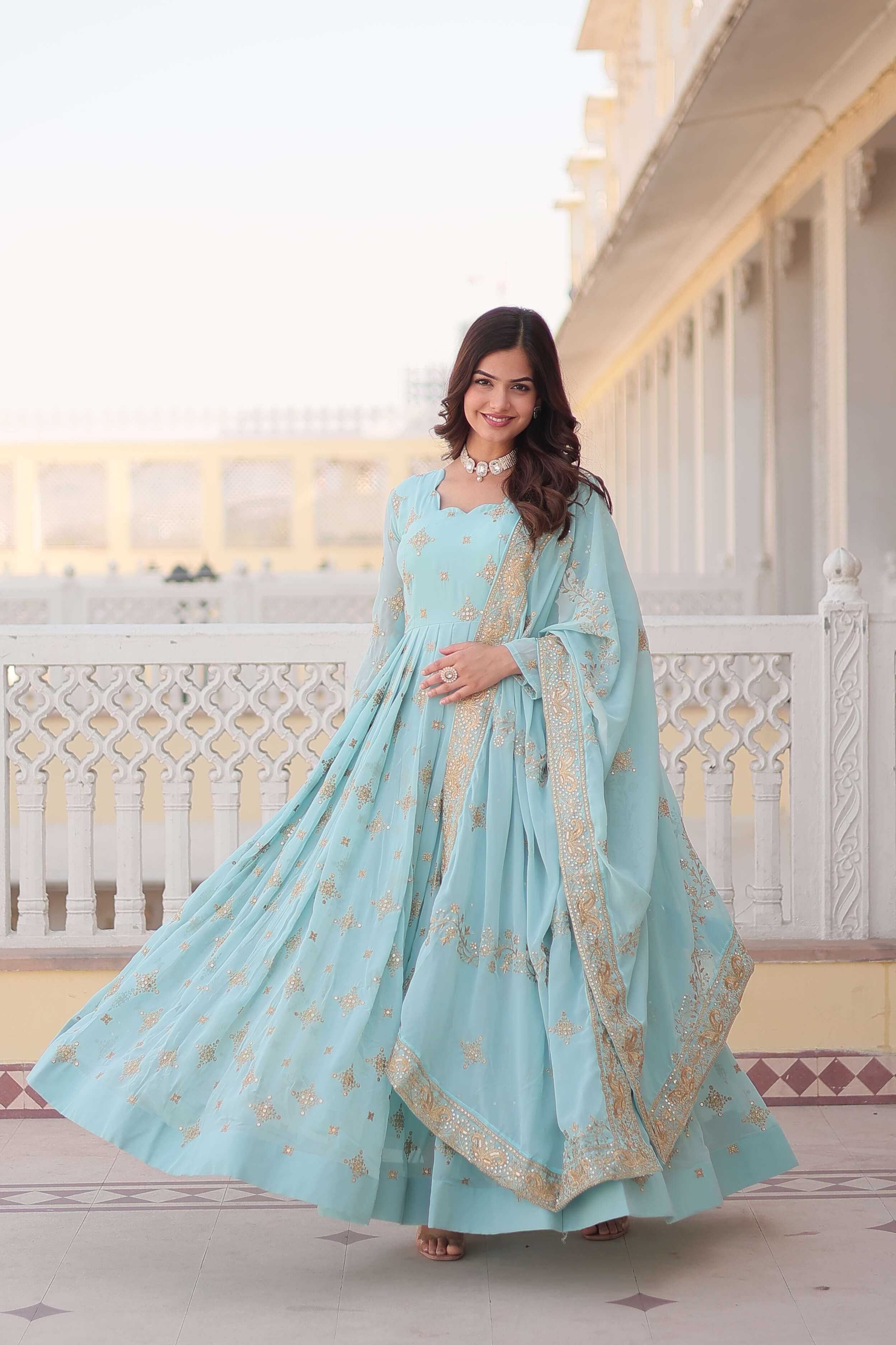 Ynf Faux Georgette KESH215 KA-1102 Gowns Wholesale Embroidery Gowns Georgette Gown Sequin Gowns Manufacturer