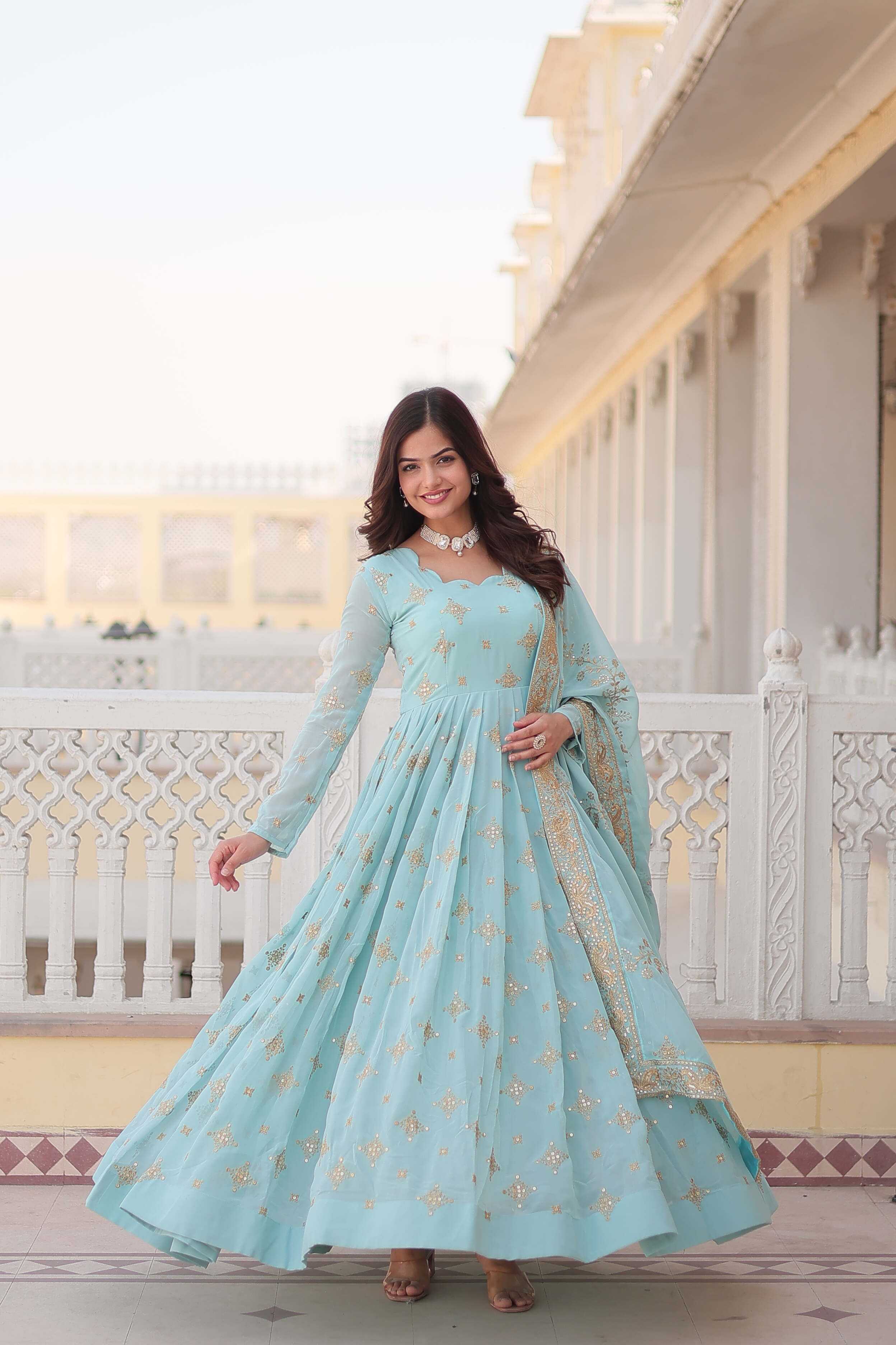 Ynf Faux Georgette KESH215 KA-1102 Gowns Wholesale Embroidery Gowns Georgette Gown Sequin Gowns Manufacturer