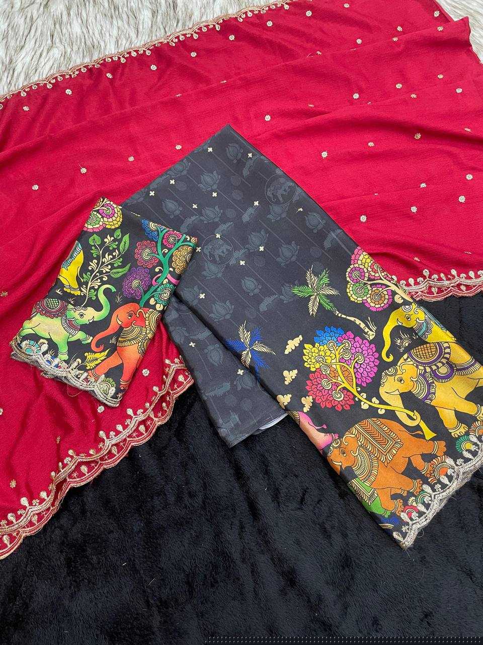 Ynf Chinon Silk RIN124 Elephant Kalamkari Silk Sarees Wedding Collections Festive Collections Wholesale Designer Silk Sarees Kalamkari Silk Sarees Embroidered Silk Sarees Manufacturer