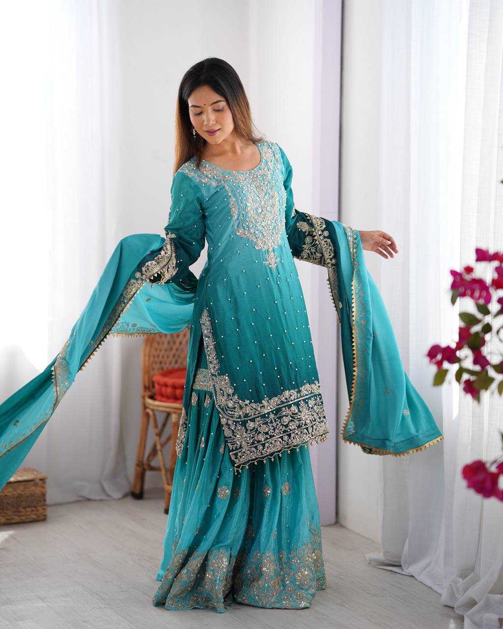 Ynf Chinon Silk RIN133 01 Suits & Dresses Wedding Collections Festive Collections Wholesale Palazzo Suit Ladies Silk Suit Wedding Outfits Manufacturer
