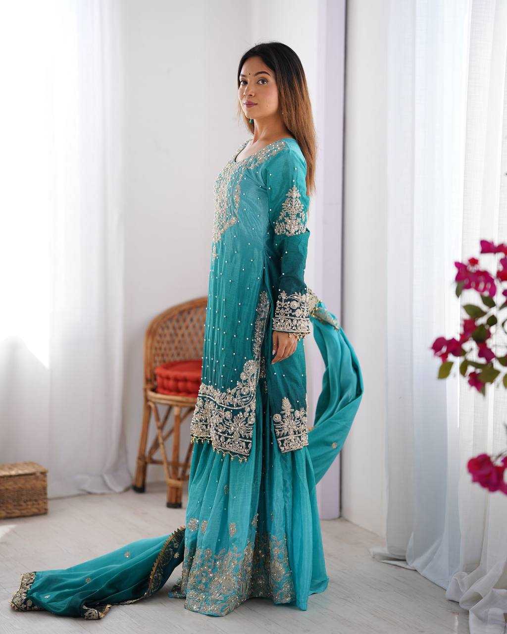 Ynf Chinon Silk RIN133 01 Suits & Dresses Wedding Collections Festive Collections Wholesale Palazzo Suit Ladies Silk Suit Wedding Outfits Manufacturer