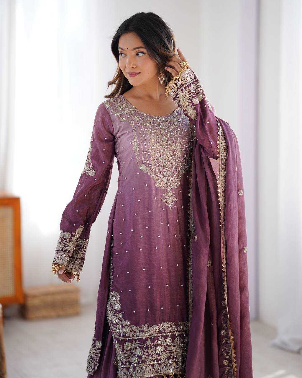 Ynf Chinon Silk RIN133 01 Suits & Dresses Wedding Collections Festive Collections Wholesale Palazzo Suit Ladies Silk Suit Wedding Outfits Manufacturer