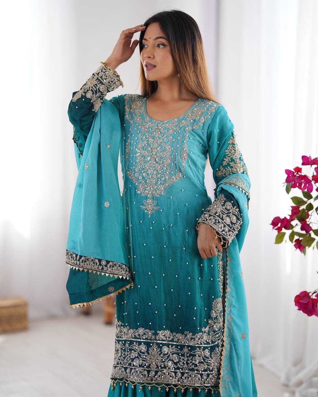 Ynf Chinon Silk RIN133 01 Suits & Dresses Wedding Collections Festive Collections Wholesale Palazzo Suit Ladies Silk Suit Wedding Outfits Manufacturer