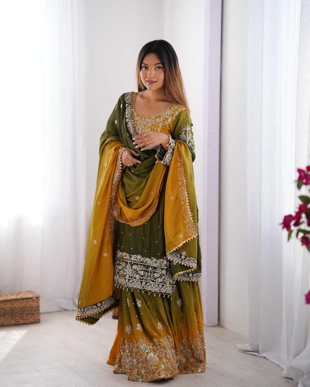 Ynf Chinon Silk RIN133 01 Suits & Dresses Wedding Collections Festive Collections Wholesale Palazzo Suit Ladies Silk Suit Wedding Outfits Manufacturer
