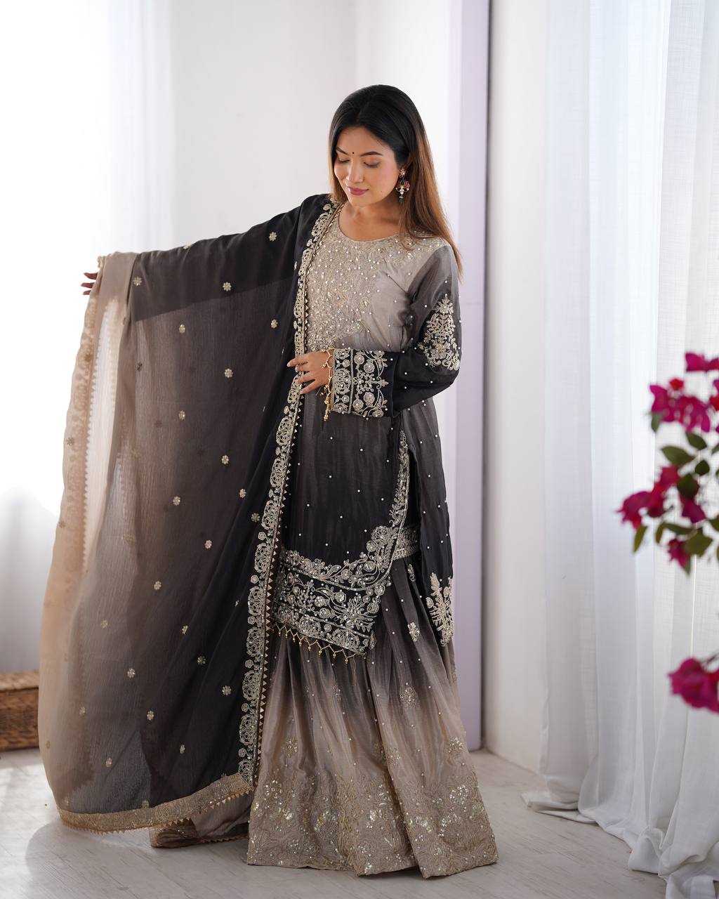 Ynf Chinon Silk RIN133 01 Suits & Dresses Wedding Collections Festive Collections Wholesale Palazzo Suit Ladies Silk Suit Wedding Outfits Manufacturer