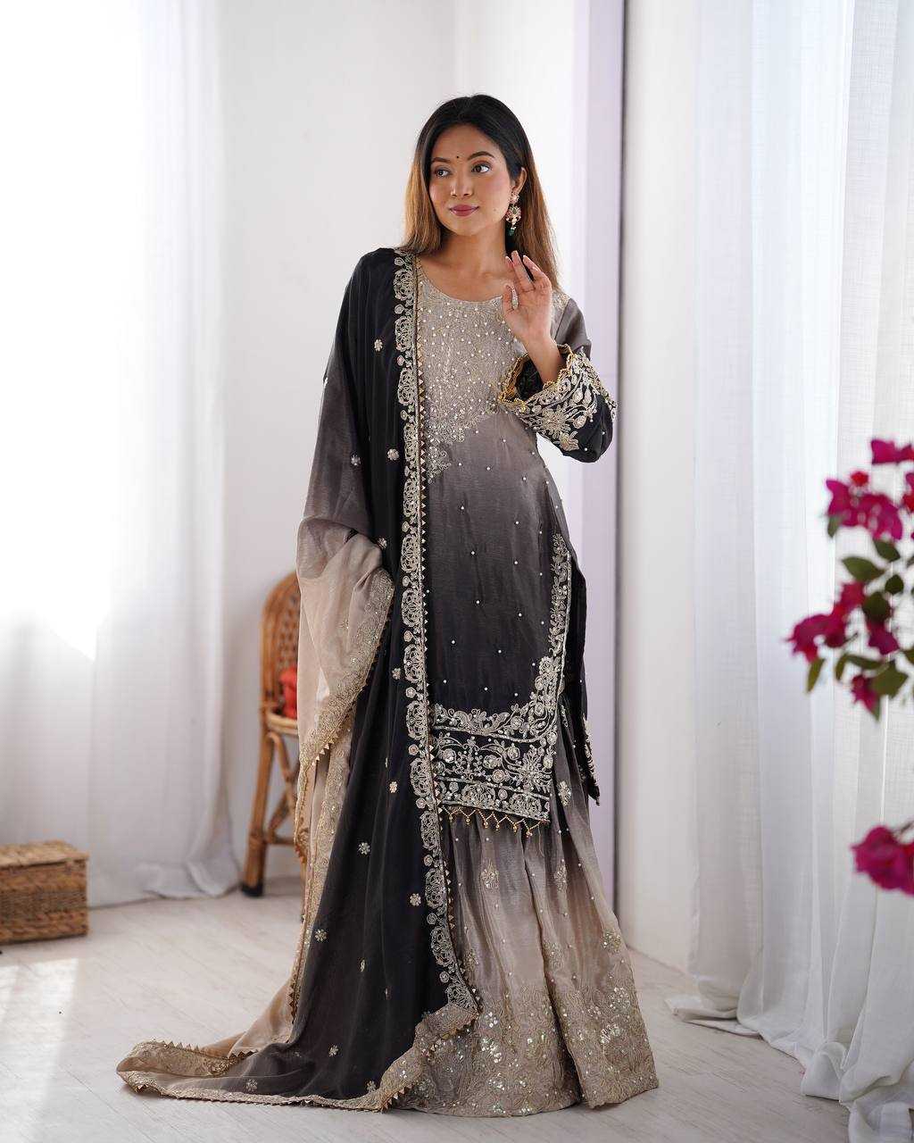 Ynf Chinon Silk RIN133 01 Suits & Dresses Wedding Collections Festive Collections Wholesale Palazzo Suit Ladies Silk Suit Wedding Outfits Manufacturer